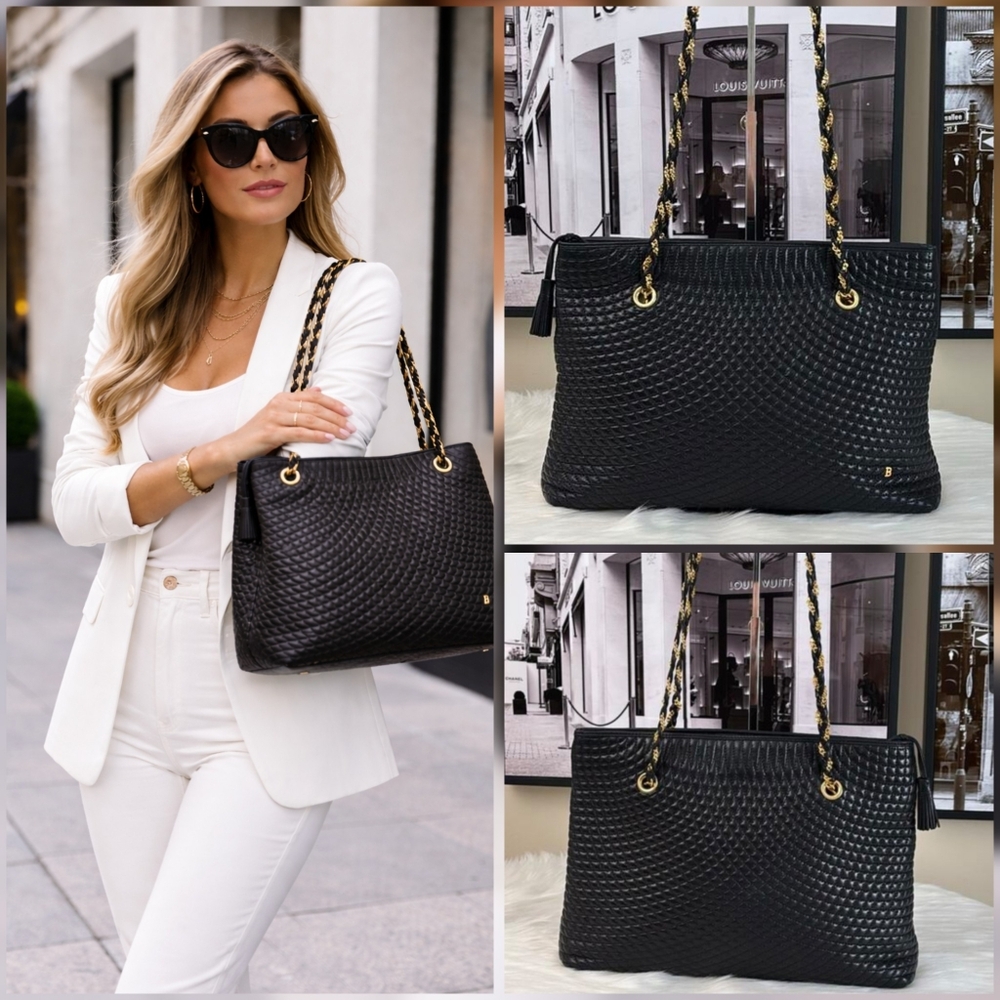 BALLY Quilted Chain Shoulder Bag Leather Black Gold